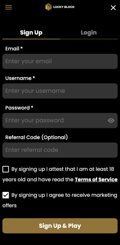LuckyBlock Casino Registration